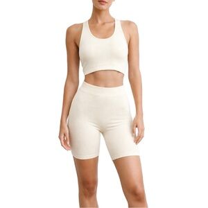 Zara Seamless Ribbed Biker Short Crop Top 2-Piece Set – Ecru – XS/S